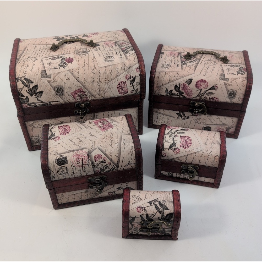 Set of 5 Wooden Box Trinket‎ Chest Script Letter Pattern Peony Design Jewelry